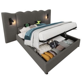 Cama De 180×200 Cm Con Respaldo Acolchado, Lámpara De Lectura Giratoria 360°, Puertos De Carga Usb Y Type-c, Cama Con Almacenamiento Hidráulico, Estructura Estable De Metal Y Madera Maciza, Color Gris, Sin Colchón