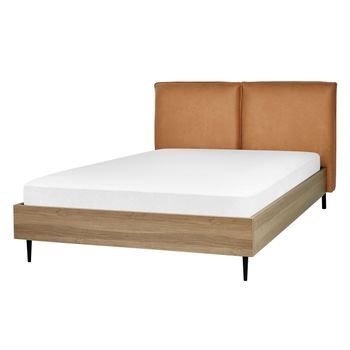 Cama Con Somier De Piel Sintética Marrón Dorado Madera Clara Negro 140 X 200 Cm Limanton