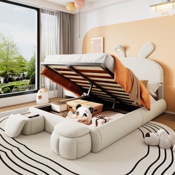 Cama Con Dos Cajones De 140 X 200 Cm - Orejas De Conejo Con Led - Terciopelo - Beige (colchón No Incluido)