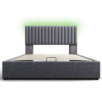 Cama Con Almacenaje Acolchada De Lino Con Puertos De Carga Y Led - 160x200 Cm - 3 Compartimentos En El Cabecero Ajustable - Gris