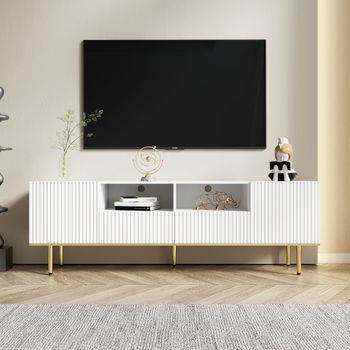 Mueble De Tv Moderno Con Patas Y Herrajes Dorados, 165*36*55cm, Blanco