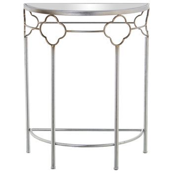 Mesa Entrada Metal Plateado Con  Cristal Espejo Semicircular