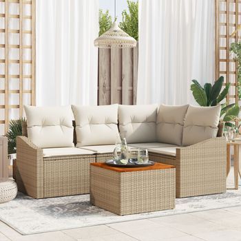 Conjunto De Sofá De Jardín De 5 Piezas Con Cojines Beige Ratán Poliratán Acacia V9414 Unico / Beige