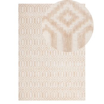Alfombra De Viscosa Beige 140 X 200 Cm Patrón Geométrico Tejido A Mano Adatepe