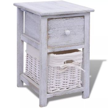 Mesita De Noche Cajón Y Cesta Madera Blanco Envejecido Estilo Rústico 1402136