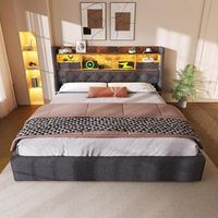 cama tapizada 140 x 200 cm con almacenamiento hidraulico cabecero led y 4 puertos usbtype-c  lino gris somier incluido sin colchon