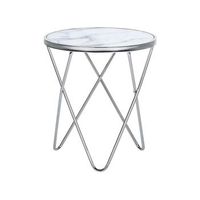 mesa auxiliar tablero de cristal templado con efecto marmol blanco patas de horquilla de metal plateado forma redonda meridian ii