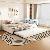 cama nido 140x200 cm  90x190 cm con cabecero y compartimentos - carga usb y tipo c y led - tejido de lino - beige sin colchon
