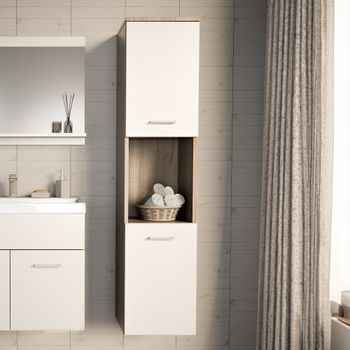 Armario Alto Para Baño Krildihana 131x30x30 Cm - Efecto Roble/blanco [en.casa]