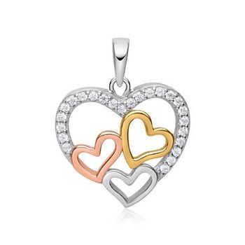 Colgante plata 925 corazones circonita tricolor