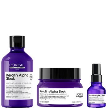 L'Oréal Professionnel Keratin Alpha Sleek Shampoo, Hair Mask & Hair Serum Bundle - Antifrizz, 300ml, 250ml, 50ml