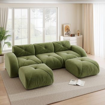 Sofá Modular 3 Plazas Forma U Sin Marco, Incluye 2 Pufs, Tela Cómoda Antideslizante, Sin Montaje, Verde