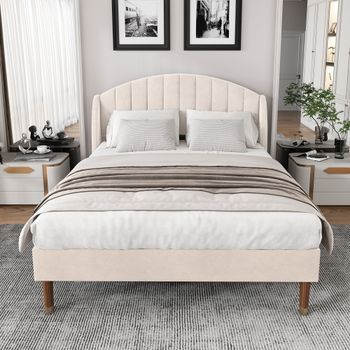 Cama Tapizada De 140x190 Cm, Cabecero Alto, Base De Láminas De Madera, Montaje Sencillo, Patas De 20 Cm, Diseño Moderno, Terciopelo Color Beige.