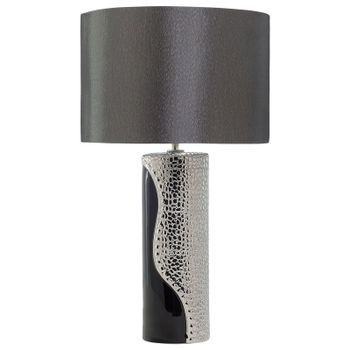 Lámpara De Mesa Con Pantalla En Forma De Tambor De Seda Sintética Con Base De Pilar De Cerámica Plateada Aiken
