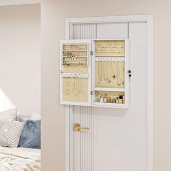 Espejo Joyero De Pared De Mdf Homcom 36,5x9,5x67 Cm Blanco Y Crema