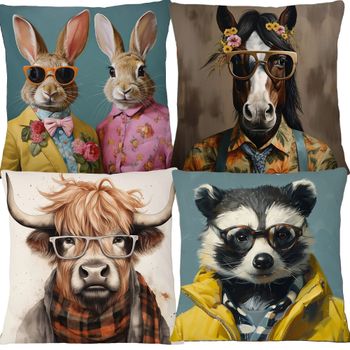 Fundas de cojín decorativas con diseño de animales europeos: conejo, zorro, gallo, caballo, estilo hipster con gafas