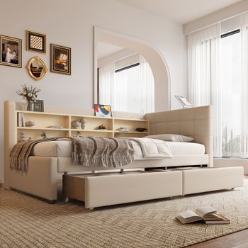 Cama Tapizada 90x200 Cm Con 2 Cajones Y Compartimentos, Sofá Cama - Tejido De Lino - Tomas Usb + Tipo C - Beige (sin Colchón)