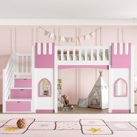 cama litera 90 x 200 cm con escalera con almacenamiento y ventana colores blanco y rosa