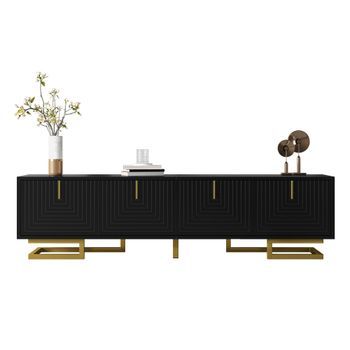 Mueble Para Tv Negro 160 Cm, Mesa De Televisión Con Puertas Texturizadas Y Tiradores Dorados, Tablero De Partículas, Negro