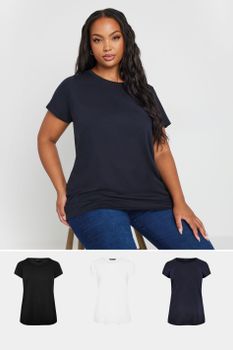 Yours: Juego 3 Camisetas Manga Corta: Blanca, Azul Y Negra, Mujer Curvy Y Tallas Grandes, Yours