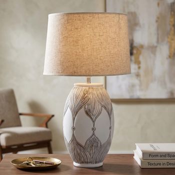 Lámpara de mesa en resina blanca con pantalla beige ø cm 38x67