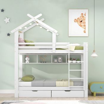 Litera 2x90x200 Cm Con Cajones Y Estantes, Estructura De Pino, Somier Incluido, Blanco