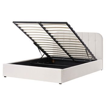 Cama Con Somier De Tela 160 X 200 Cm Con Cabecero Almacenaje Elevable Blanco Crema Challans