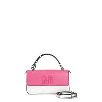 bolso de mano bicolor con logo a juego bandolera extraible y solapa hot pink