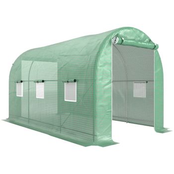 Outsunny Invernadero de Jardín Invernadero de Túnel con Paredes Laterales 6 Ventanas de Malla y 2 Puertas Enrollables 4x2x2 m Verde   Aosom España