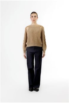 jersey de cuello redondo con aberturas en los hombros camel l