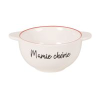 bol con asas de ceramica blanca con borde y corazon rojo