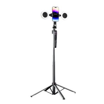 ES-B181 AI Seguimiento automático de rostro, palo de selfie con trípode de 4 patas, giro de 360°, iluminación dual, anti