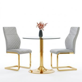 Conjunto De Comedor, Juego De Comedor Para 2 Personas Con Mesa De Cristal Templado Redonda 85cm Y 2 Sillas De Comedor Gris Claro, Diseño Lujo En Metal Dorado