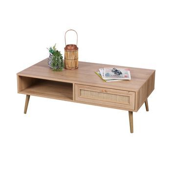 Mesa Baja Robusta Color Roble Claro. Patas De Madera Sin Tratar, Dimensiones 59x39x110cm.