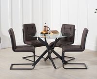 mara 100cm round glass dining table with alexa dining chairs - brown 4 chairs