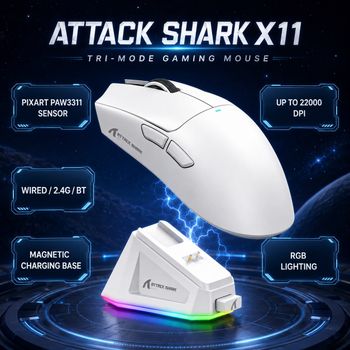 Ratón para Juegos ATTACK SHARK X11, Tri-Modo, Ligero, PAW3311, 22000DPI, 400IPS, 40G, 1K Frecuencia de Respuesta, Carga Rápida Magnética