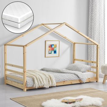 [en.casa]® Cama Para Niños - De Pino - Con Colchón De Espuma Fría - 90cm X 200cm - Cama Infantil - Forma De Casa - Madera Natural - Certificado Oeko-tex 100