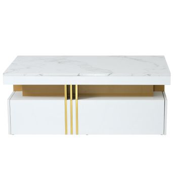 Mesita rectangular efecto mármol blanco con 2 cajones
