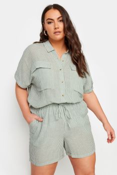 Yours Pantalones Cortos De Rayas Verdes Con Lino, Mujer Curvy Y Tallas Grandes, Yours