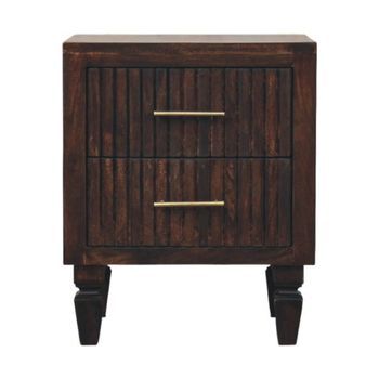 Mesita De Noche De Madera Maciza, Estilo Artesanal, Belmont, 2 Cajones, Color Castaño.