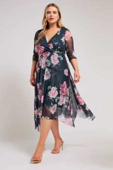 Yours London Vestido Negro Escote Cruzado Estampado De Flores, Mujer Curvy Y Tallas Grandes, Yours London