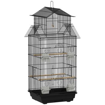 PawHut Jaula para Pájaros de Acero con Comederos Perchas Columpio y Bandeja Extraíble 50,5x41x104 cm Negro