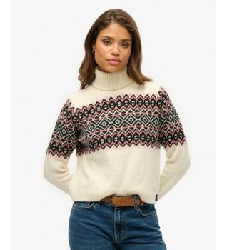 Superdry para mujer. W6110618A Jersey de cuello alto Fairisle Pattern Roll beige (S), Casual, Lana