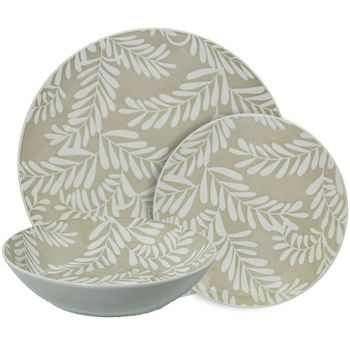 Vajilla 18 pzs porcelana beige hojas blancas