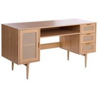 escritorio moderno para oficina en casa estudio 3 cajones mdf patas de metal frentes de ratan sintetico marron claro raffra