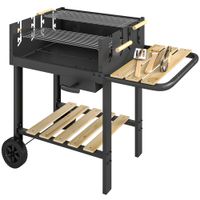 outsunny carro de barbacoa de madera con 2 parrillas regulables barbacoa de carbon con ruedas estante lateral negro   aosom espana