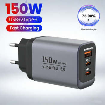 Cargador USB C de 150W con 3 Puertos, Carga Súper Rápida PD QC3.0, Adaptador de Viaje para iPhone 17, Samsung, Xiaomi, Tablet, Enchufe EU, UK, US