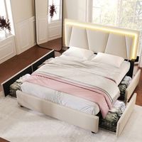 cama tapizada beige 140x200 con cuatro cajones led y cabecero regulable