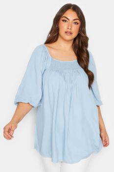 Yours Blusón Azul Con Escote Fruncido, Mujer Curvy Y Tallas Grandes, Yours