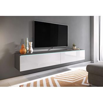 Mueble De Tv Lowboard D 180 Cm, Mueble De Televisión, Mueble De Salón, Con Iluminación Led, Color Matera/blanco Brillo